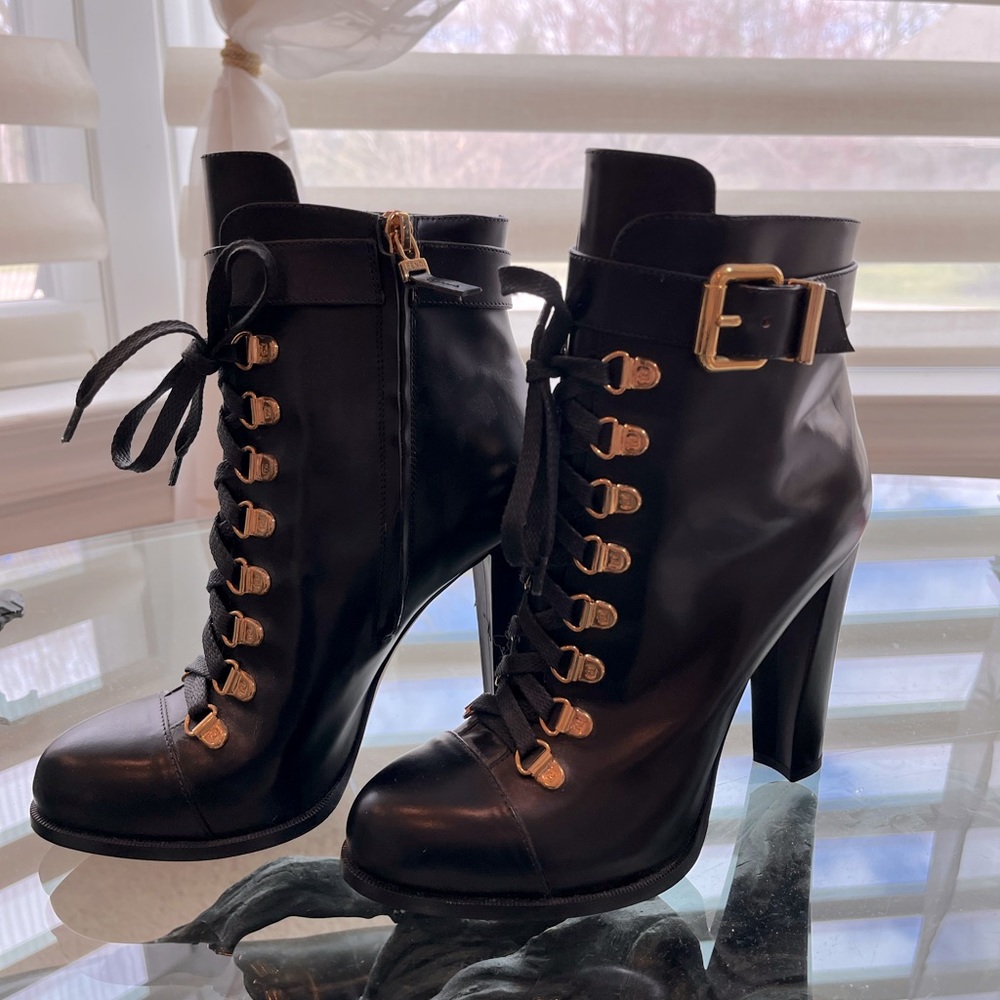 Fendi Black Heeled Boots with Gold Accents